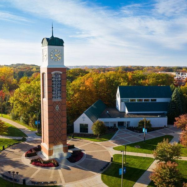 aerial photo of carillon tower, Cook-DeWitt Center