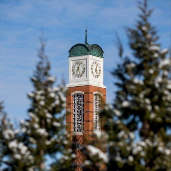 The Cook Carillon Tower surrounded by snow-covered trees.